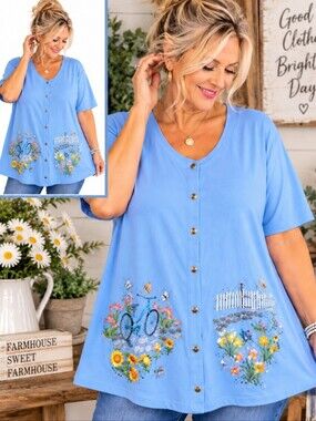 Quacker Factory by Jeanne Bice 2X Blue Embroidered Garden Button Front Top